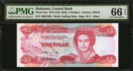 BAHAMAS. Central Bank of the Bahamas. 3 Dollars, 1974 (ND 1984). P-44a. PMG Gem Uncirculated 66 EPQ.
Estimate: $20.00- $40.00
