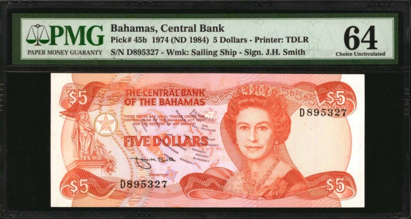 BAHAMAS. Central Bank. 5 Dollars, 1974 (ND 1984). P-45b. PMG Choice Uncirculated...