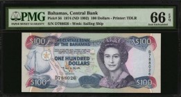 BAHAMAS. Central Bank. 100 Dollars, 1974 (ND 1992). P-56. PMG Gem Uncirculated 66 EPQ.
Printed by TDLR. Watermark of sailing ship. A high grade of Ge...