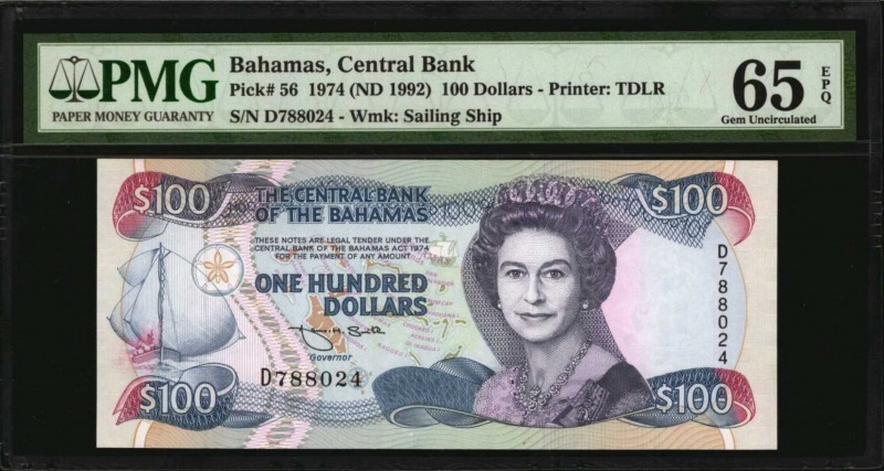 BAHAMAS. Central Bank. 100 Dollars, 1974 (ND 1992). P-56. PMG Gem Uncirculated 6...