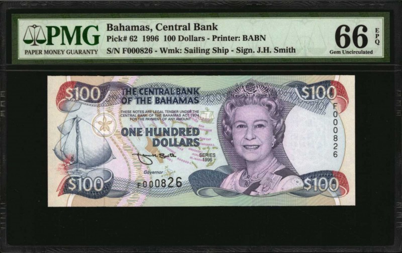 BAHAMAS. Central Bank. 100 Dollars, 1996. P-62. PMG Gem Uncirculated 66 EPQ.
Pr...