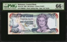 BAHAMAS. Central Bank. 100 Dollars, 1996. P-62. PMG Gem Uncirculated 66 EPQ.
Printed by BABN. Printed signature of J.H. Smith. Watermark of sailing s...