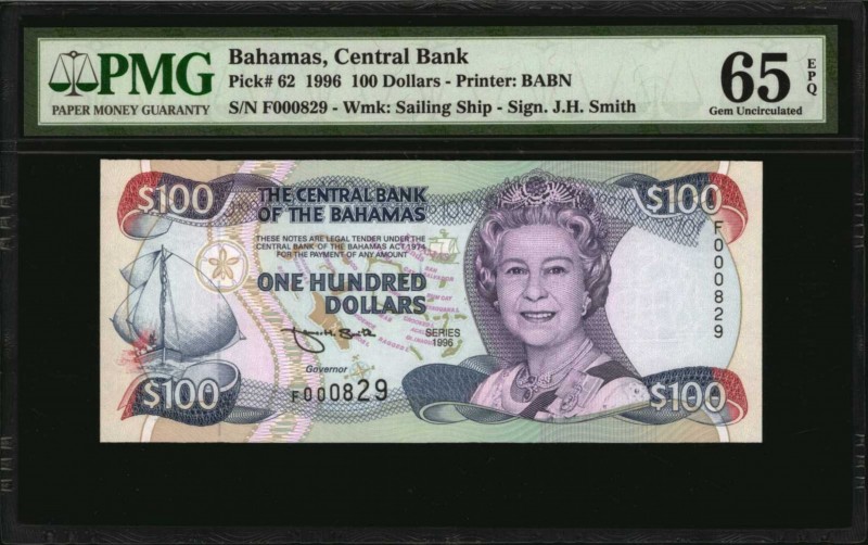 BAHAMAS. Central Bank. 100 Dollars, 1996. P-62. PMG Gem Uncirculated 65 EPQ.
Pr...