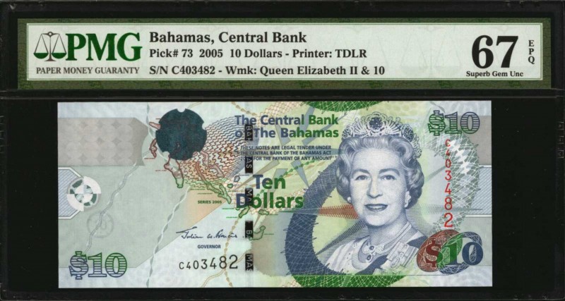 BAHAMAS. Central Bank. 10 Dollars, 2005. P-73. PMG Superb Gem Uncirculated 67 EP...