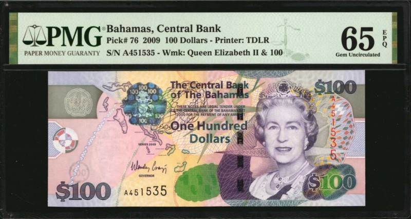 BAHAMAS. Central Bank. 100 Dollars, 2009. P-76. PMG Gem Uncirculated 65 EPQ.
Es...