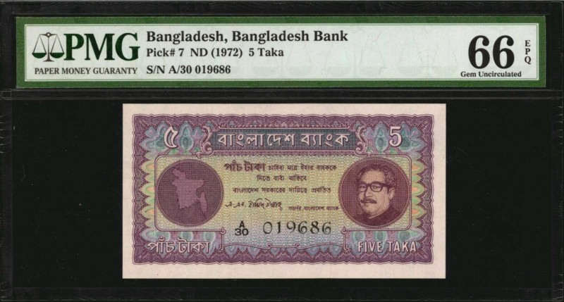BANGLADESH. Bangladesh Bank. 5 Taka, ND (1972). P-7. PMG Gem Uncirculated 66 EPQ...