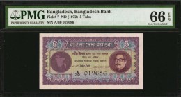 BANGLADESH. Bangladesh Bank. 5 Taka, ND (1972). P-7. PMG Gem Uncirculated 66 EPQ.
PMG comments "Staple Holes at Issue."
Estimate: $100.00- $250.00