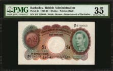 BARBADOS. Government of Barbados. 1 Dollar, 1939-43. P-2b. PMG Choice Very Fine 35.
Printed by BWC. Watermark of horses. King George VI at right. Fou...