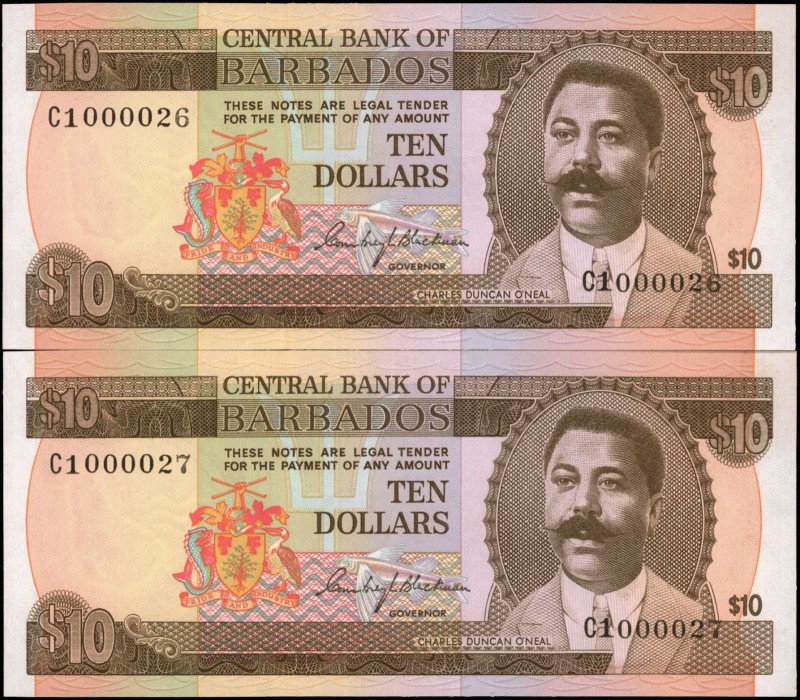 BARBADOS. Lot of (2). Central Bank of Barbados. 10 Dollars, ND (1973). P-33a. Co...