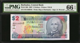 BARBADOS. Central Bank. 2 Dollars, 2007. P-66b. PMG Gem Uncirculated 66 EPQ.
Portrait of Bovell on face. Wonderful scene of Trafalgar Square in Bridg...
