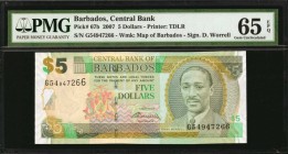 BARBADOS. Central Bank of Barbados. 5 Dollars, 2007. P-67b. PMG Gem Uncirculated 65 EPQ.
Portrait of Sir Worrell on face. On back scene of Trafalgar ...