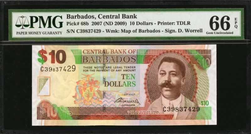 BARBADOS. Central Bank. 10 Dollars, 2007 (ND 2009). P-68b. PMG Gem Uncirculated ...