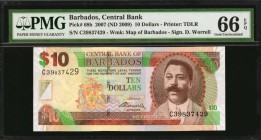 BARBADOS. Central Bank. 10 Dollars, 2007 (ND 2009). P-68b. PMG Gem Uncirculated 66 EPQ.
Portrait of O'Neal on face. On back scene of Trafalgar Square...
