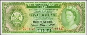BELIZE. Government of Belize. 1 Dollar, 1975. P-33b. Choice About Uncirculated.
QEII at right, arms at left. Milky-white paper and dark green ink sta...