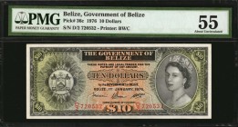 BELIZE. Government of Belize. 10 Dollars, 1976. P-36c. PMG About Uncirculated 55.
Printed by BWC. An About Uncirculated example of this 10 Dollars no...