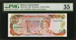 BELIZE. Central Bank of Belize. 20 Dollars, 1987. P-49b. PMG Choice Very Fine 35.
Attractive strong color type in very nice original condition for th...