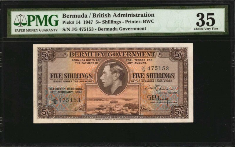 BERMUDA. Bermuda Government. 5 Shillings, 1947. P-14. PMG Choice Very Fine 35.
...