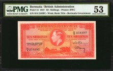 BERMUDA. British Administration. 10 Shillings, 1947. P-15. PMG About Uncirculated 53.
Wonderful post WWII of the King George VI Government type. Pref...
