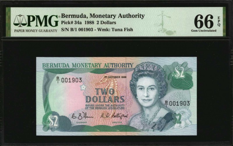 BERMUDA. Monetary Authority. 2 Dollars, 1988. P-34a. PMG Gem Uncirculated 66 EPQ...