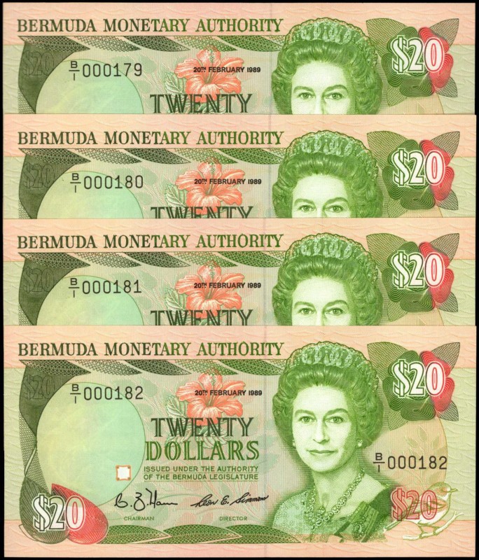 BERMUDA. Lot of (4). Bermuda Monetary Authority. 20 Dollars, 1989. P-37a. Consec...