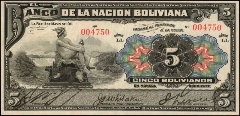 BOLIVIA. Banco De La Nacion Boliviana. 5 Bolivianos, 1911. P-105b. About Uncircu...
