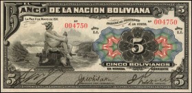 BOLIVIA. Banco De La Nacion Boliviana. 5 Bolivianos, 1911. P-105b. About Uncirculated.
Estimate: $50.00- $100.00