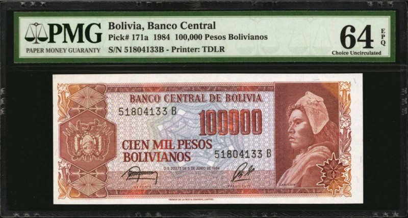 BOLIVIA. Banco Central. 100,000 Pesos Bolivianos, 1984. P-171a. PMG Choice Uncir...