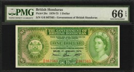 BRITISH HONDURAS. Government of British Honduras. 1 Dollar, 1970-73. P-28c. PMG Gem Uncirculated 66 EPQ.
Bright paper, an intricate design and vibran...