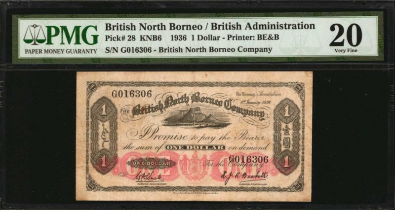 BRITISH NORTH BORNEO. British North Borneo Company. 1 Dollar, 1936. P-28. PMG Ve...