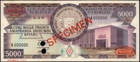 BURUNDI. Banque de la Republique du Burundi. 5000 Francs, 1981. P-32s. Specimen. Uncirculated.
Mounting residue is found on the reverse pf this Speci...