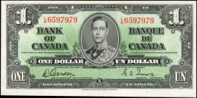 CANADA. Bank of Canada. 1 Dollar, 1937. P-58d. Choice About Uncirculated.
King George VI at center. Bank name in English at left and French at right....