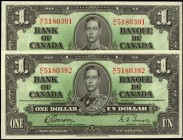 CANADA. Lot of (2). Bank of Canada. 1 Dollar, 1937. P-58d. Consecutive. Uncirculated.
Estimate: $20.00- $30.00