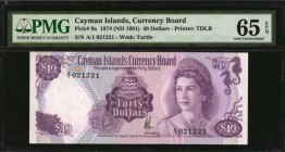 CAYMAN ISLANDS. Currency Board. 40 Dollars, 1974 (ND 1981). P-9a. PMG Gem Uncirculated 65 EPQ.
Printed by TDLR. Watermark of turtle. QEIII at right. ...