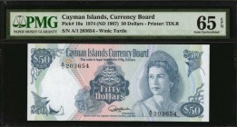 CAYMAN ISLANDS. Currency Board. 50 Dollars, 1974 (ND 1987). P-10a. PMG Gem Uncirculated 65 EPQ.
Printed by TDLR. Watermark of turtle. A lovely Gem ex...