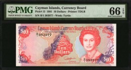 CAYMAN ISLANDS. Currency Board. 10 Dollars, 1991. P-13. PMG Gem Uncirculated 66 EPQ.
Printed by TDLR. Watermark of turtle. QEII at right. Found print...