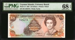 CAYMAN ISLANDS. Currency Board. 25 Dollars, 1991. P-14. PMG Superb Gem Uncirculated 68 EPQ.
Printed by TDLR. Watermark of Turtle. QEII at right. Foun...