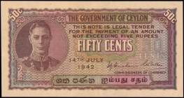 CEYLON. Government of Ceylon. 50 Cents, 1942. P-45a. About Uncirculated.
Estimate: $40.00- $80.00