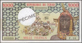 CHAD. Banque Des Etats De L'Afrique Centrale. 1000 Francs, 1978. P-3s. Specimen. About Uncirculated.
Mounting remnants are found at left on this 1000...
