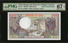 CHAD. Banque Des Etats De L'Afrique Centrale. 1000 Francs, 1980-84. P-7. Radar Serial Number. PMG Superb Gem Uncirculated 67 EPQ.
Radar Serial Number...