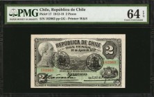 CHILE. Republic de Chile. 2 Pesos, 1912-19. P-17. PMG Choice Uncirculated 64 EPQ.
Estimate: $125.00- $250.00