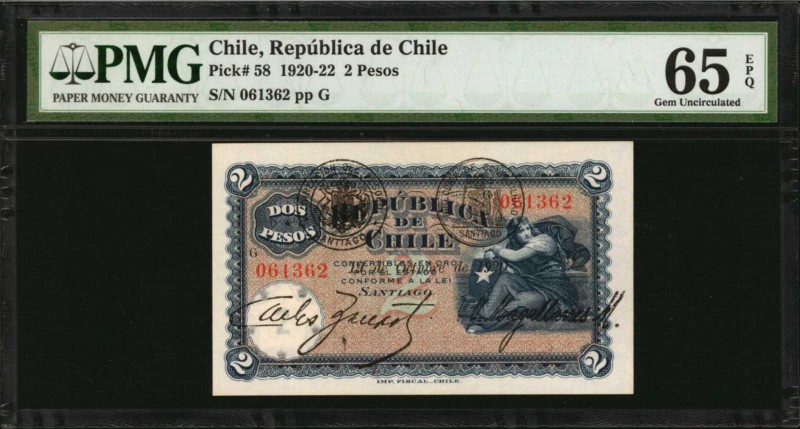 CHILE. Republica de Chile. 2 Pesos, 1920-22. P-58. PMG Gem Uncirculated 65 EPQ....