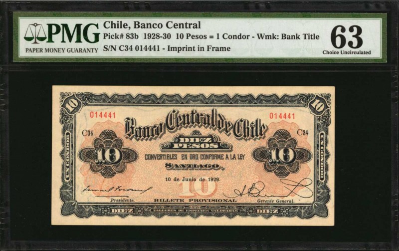 CHILE. Banco Central. 10 Pesos, 1928-30. P-83b. PMG Choice Uncirculated 63.
Est...