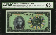 CHINA--REPUBLIC. Central Bank of China. 10 Yuan, 1937. P-223b. PMG Gem Uncirculated 65 EPQ.
Estimate: $100.00- $200.00