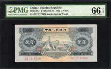 CHINA--PEOPLE'S REPUBLIC. People's Bank of China. 2 Yuan, 1953. P-867. PMG Gem Uncirculated 66 EPQ.
(S/M#C283-10). Watermark of stars & wings. Dark b...