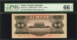 CHINA--PEOPLE'S REPUBLIC. People's Bank of China. 1 Yuan, 1956. P-871. PMG Gem Uncirculated 66 EPQ.
(S/M#C283-40). Watermark of open star. Found with...