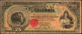 COLOMBIA. Republica de Colombia. 25 Pesos, 1895. P-237. Fine.
A vignette of an allegorical woman is found at right, and a vignette of a dog is seen a...