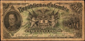COLOMBIA. Republica de Colombia. 50 Pesos, 1904. P-314. Fine.
An early Colombian note, which is found with an intricate design. Stains, pinholes, rus...