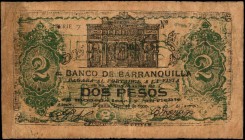 COLOMBIA. Banco de Barranquilla. 2 Pesos, 1900. P-S251. Very Good.
A dark green design is found on this Banco de Barranquilla 2 Pesos note. Margin te...