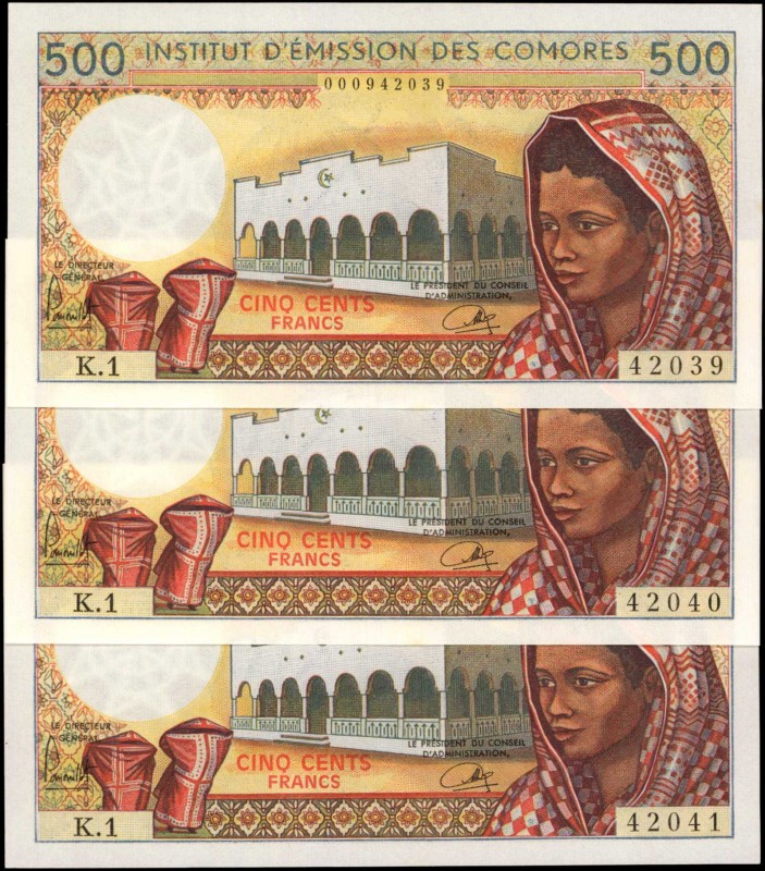 COMOROS. Lot of (3). Institut D'Emission Des Comoros. 500 Francs, 1976. P-7a. Co...