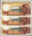 COMOROS. Lot of (3). Institut D'Emission Des Comoros. 500 Francs, 1976. P-7a. Consecutive. Uncirculated.
Estimate: $100.00- $200.00